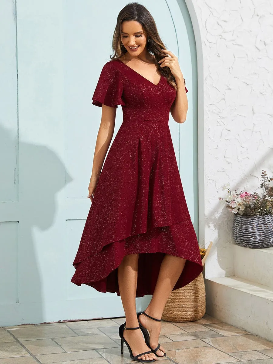 Sparkling V-Neck High-Low Wedding Guest Dress with Ruffled Sleeves