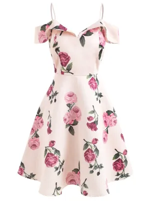 Special Pink 1950s Floral Spaghetti Strip Dress