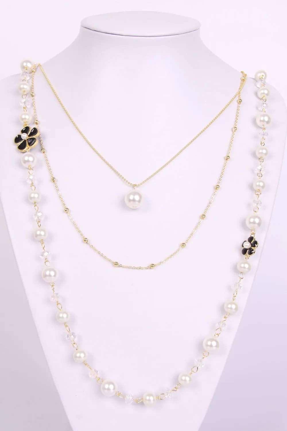 Trendy Pearl and Jewel Flower Layered Long Necklace