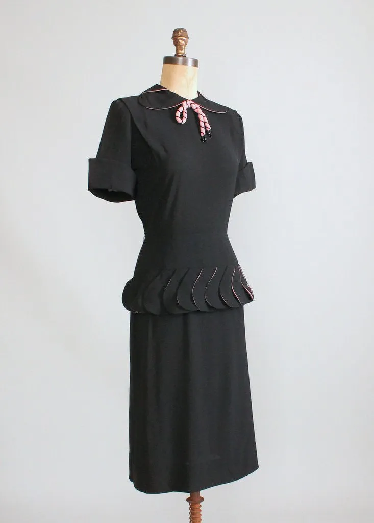 Vintage 1940s Black and Pink Rayon Peplum Dress