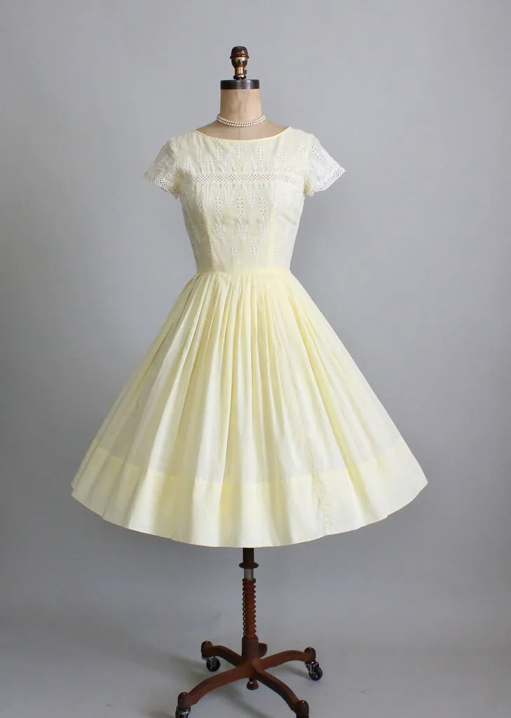 Vintage 1950s Yellow Eyelet Cotton Day Dress