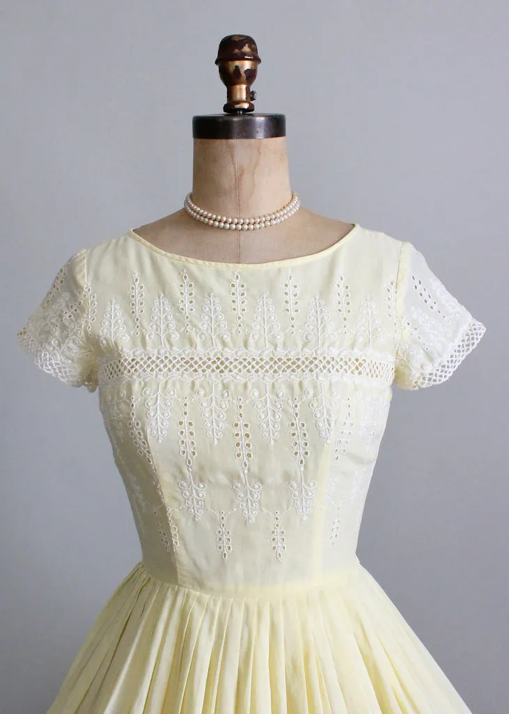 Vintage 1950s Yellow Eyelet Cotton Day Dress