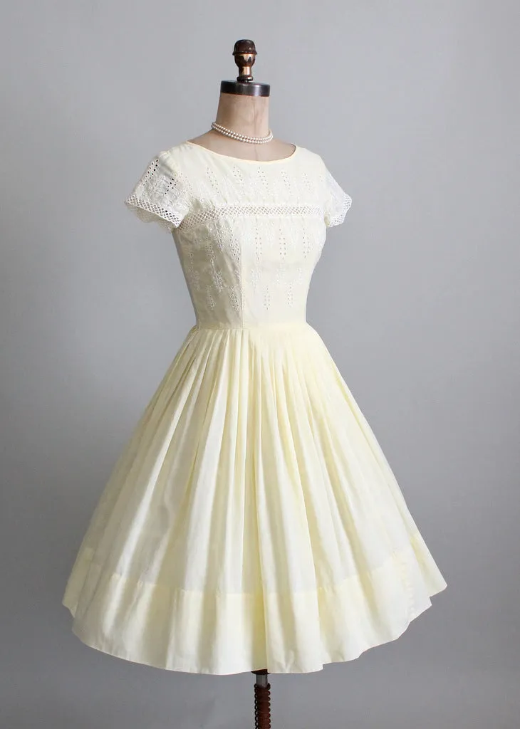 Vintage 1950s Yellow Eyelet Cotton Day Dress