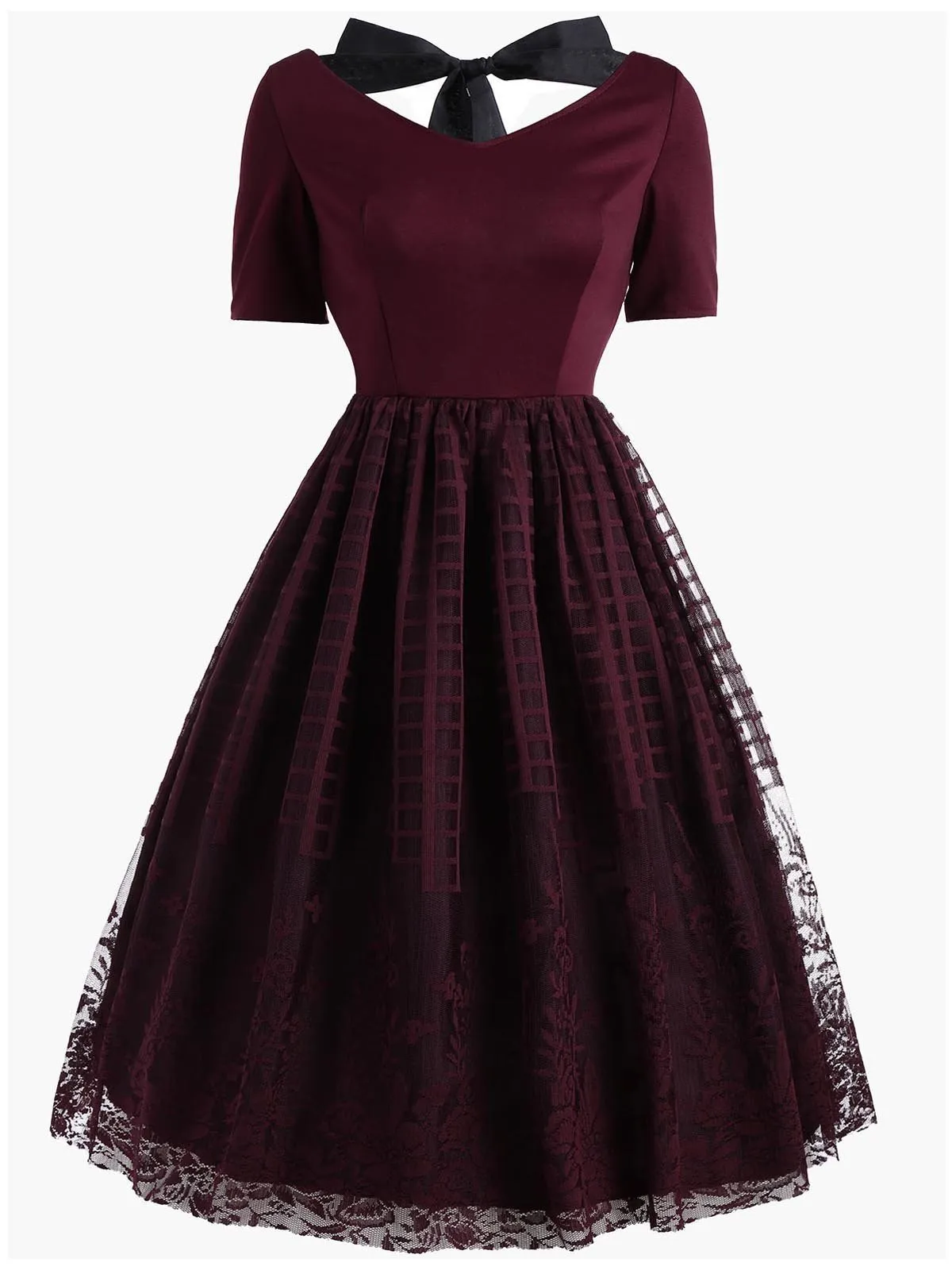 Wine Red 1950s Back Lace Up Dress