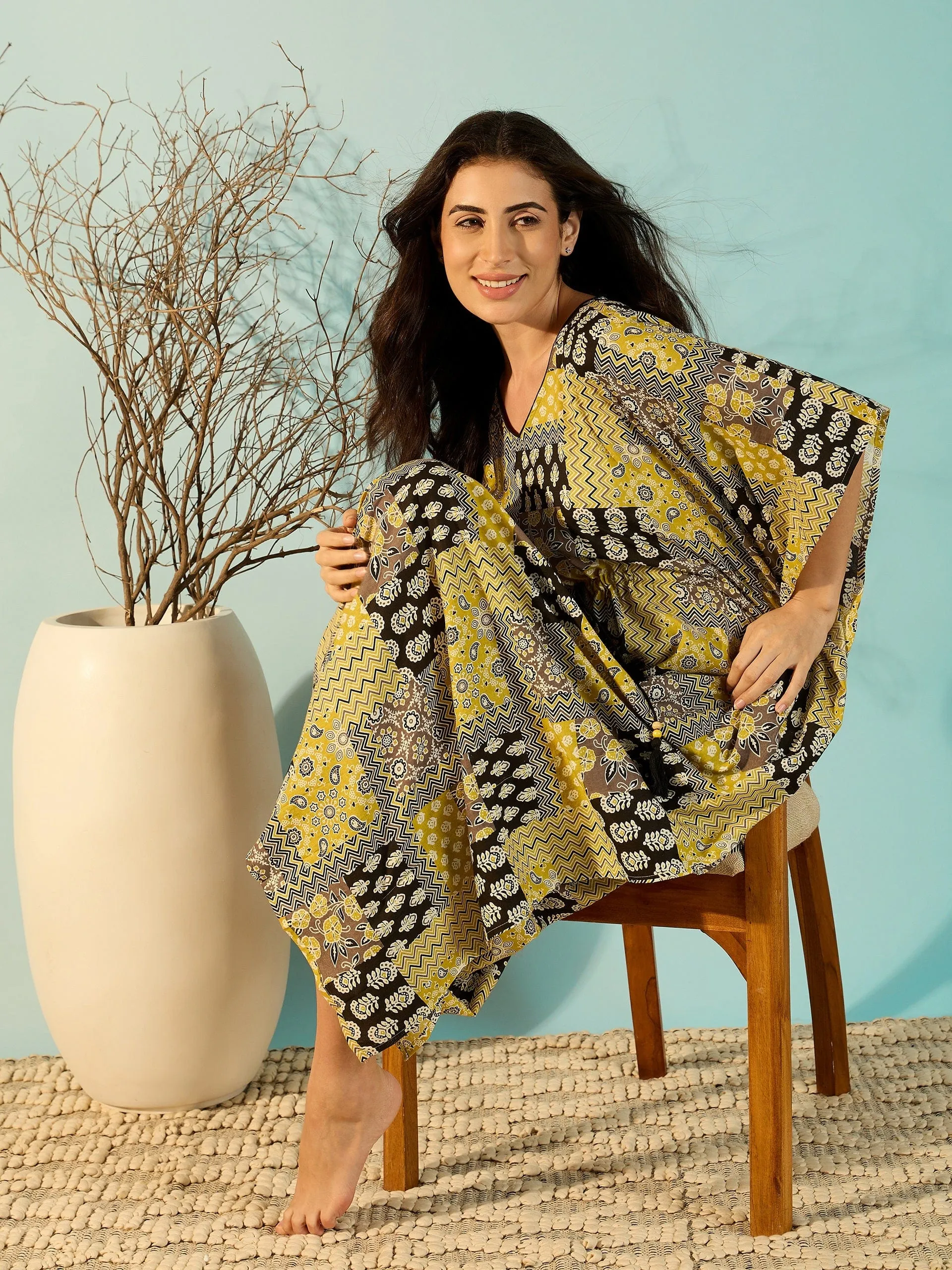 Women Patchwork Printed Yellow Cotton Kaftan Nightdress