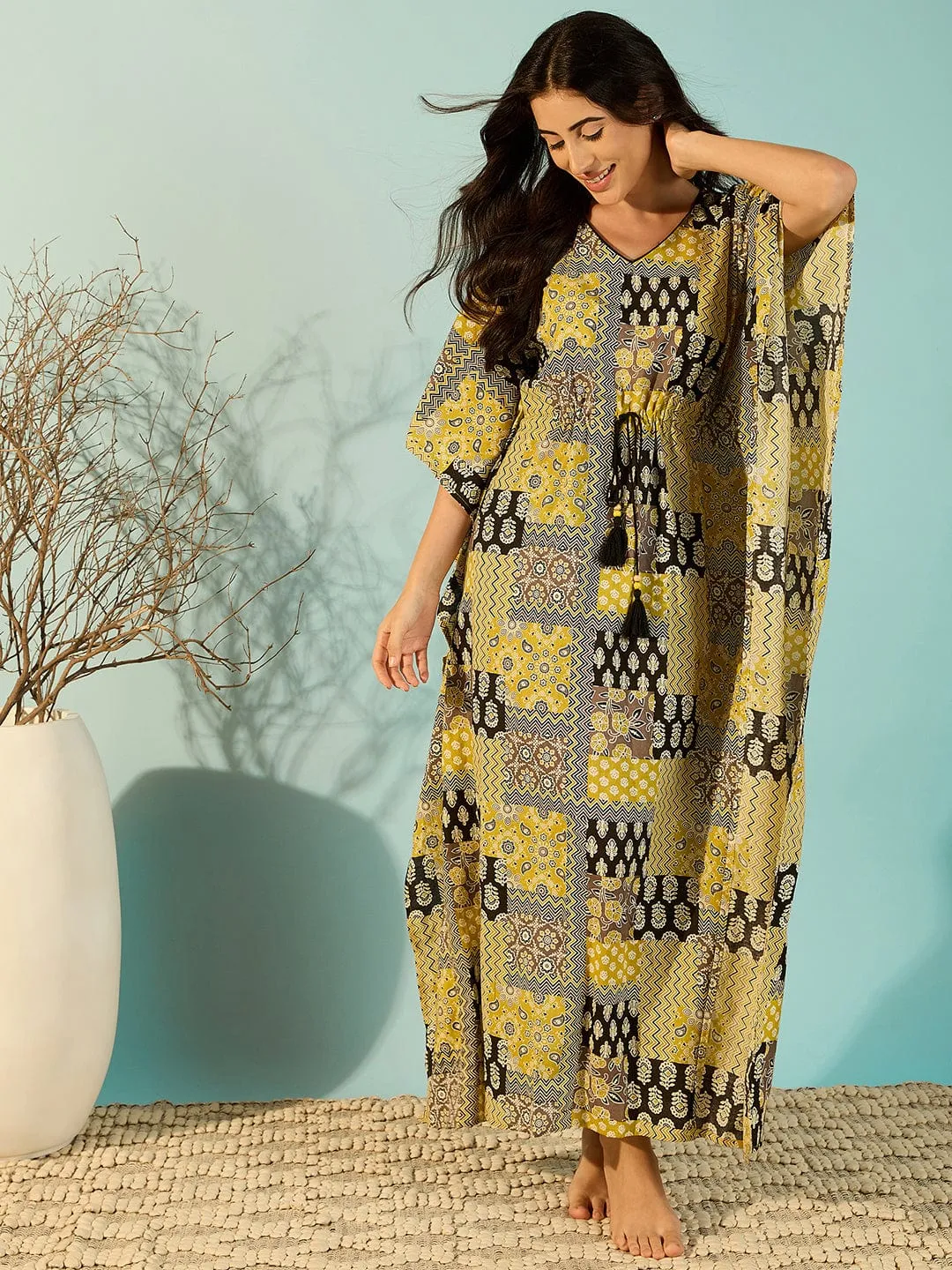 Women Patchwork Printed Yellow Cotton Kaftan Nightdress