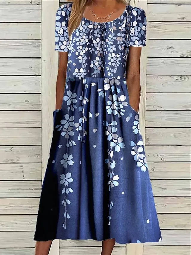 Women's Casual Dress Summer Dress Print Dress Floral Butterfly Pocket Print Crew Neck Midi Dress Fashion Streetwear Outdoor Daily Short Sleeve Loose Fit Black White Royal Blue Summer Spring S M L XL