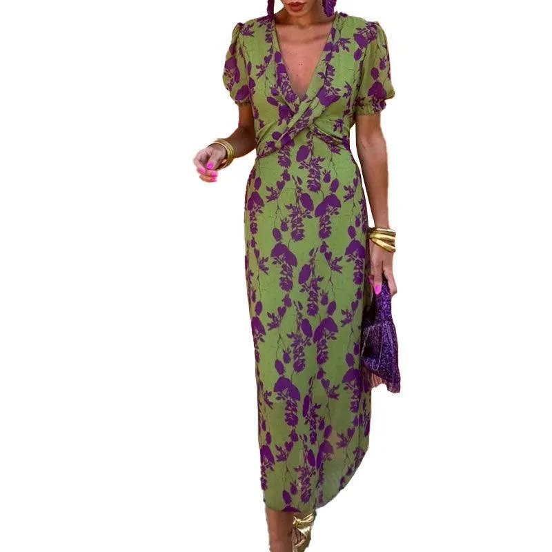 Women's Fashion Color Contrast Printed Long Elegant Slim V-neck Short Sleeve Dress