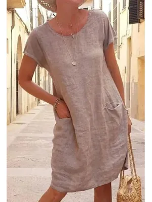 Women's Shift Dress Knee Length Dress Short Sleeve Pure Color Pocket Spring Summer Crew Neck Basic Casual Classic Loose 2023 S M L XL 2XL 3XL 4XL 5XL / Cotton