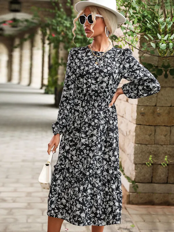 Women's temperament long-sleeved black floral dresses