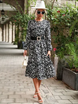 Women's temperament long-sleeved black floral dresses