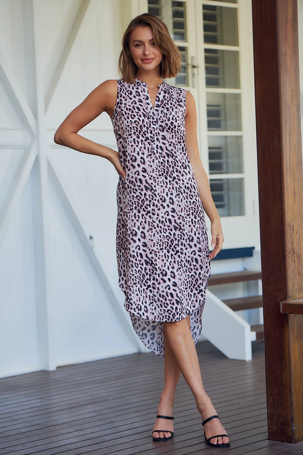 Xenia Pink Animal Print Pocket Front Dress