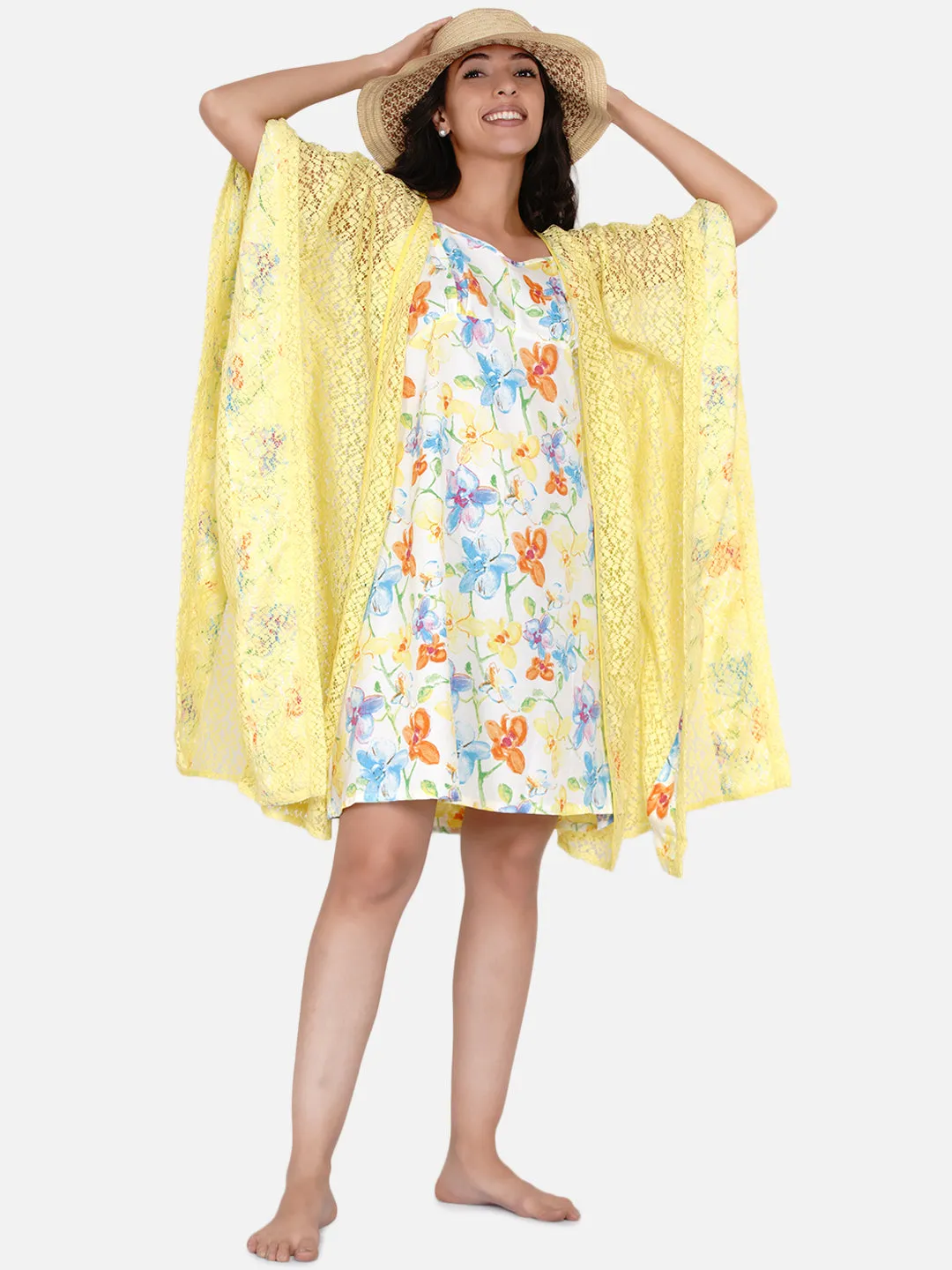 Yellow Lacey Knee Length Gown with Printed Slip - (Clearance - Final Sale)